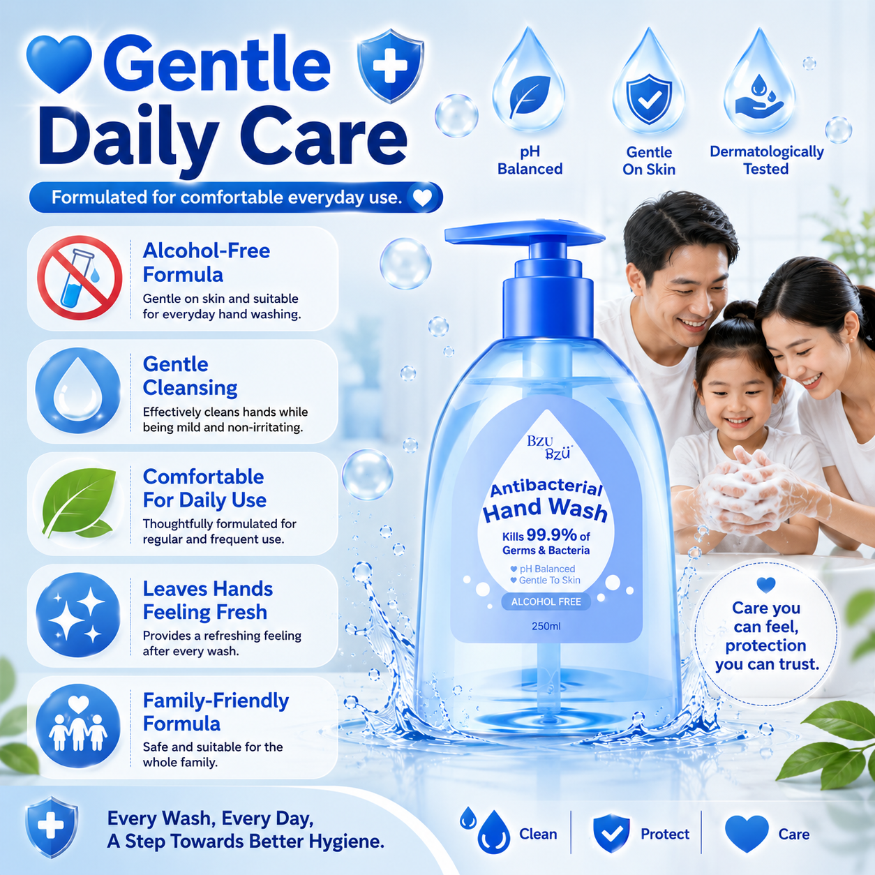 BZÜ BZÜ Antibacterial Hand Wash 250ml Alcohol Free | pH Balanced Gentle to Skin