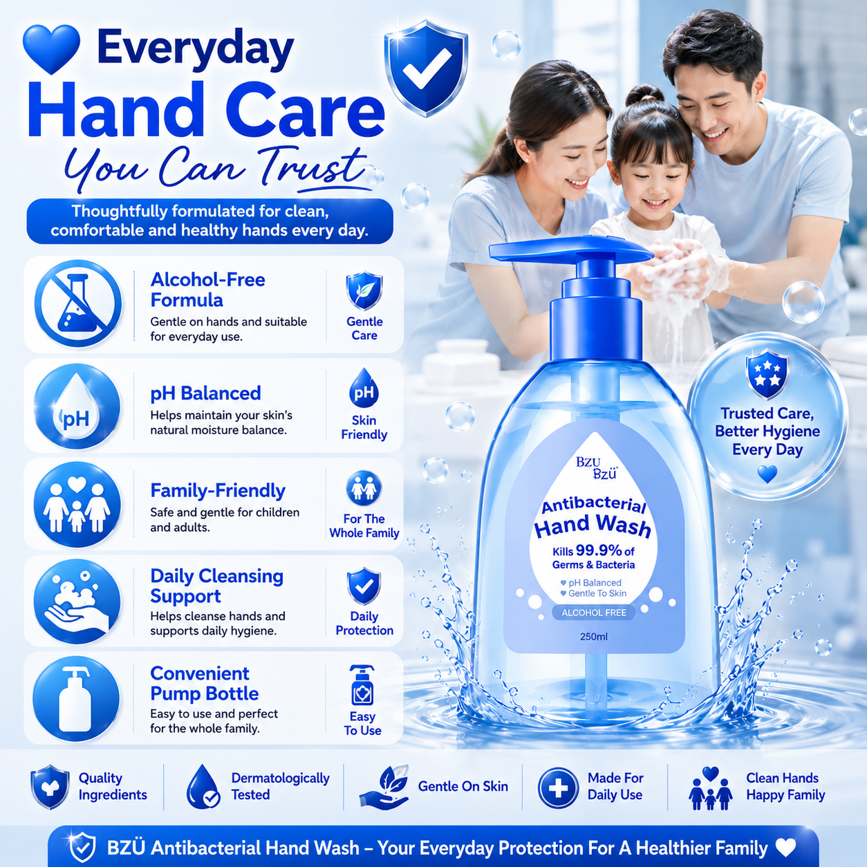 BZÜ BZÜ Antibacterial Hand Wash 250ml Alcohol Free | pH Balanced Gentle to Skin