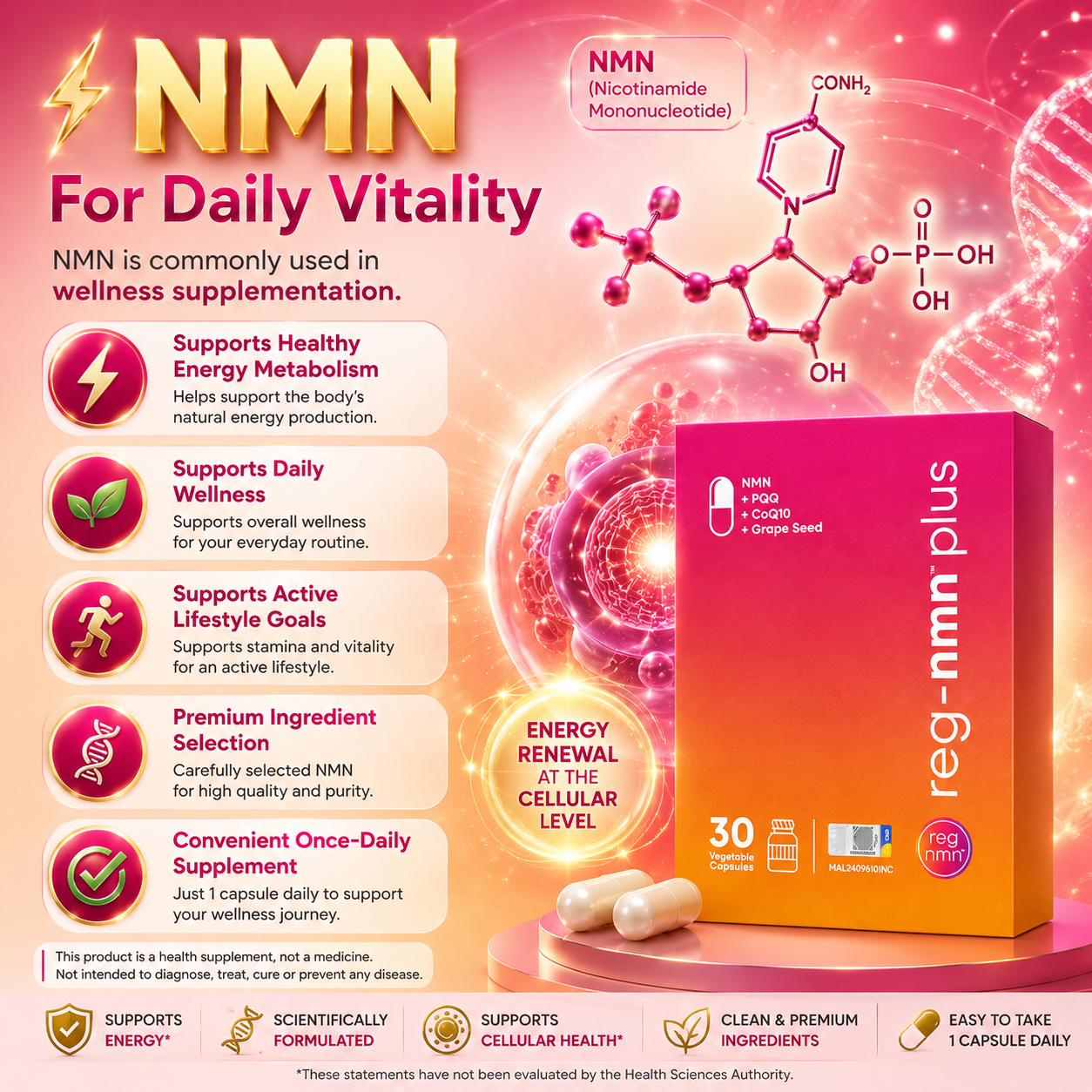 reg-nmn™ plus 30s | NMN + PQQ + CoQ10 + Grape Seed Extract| Anti-Aging & Energy Support