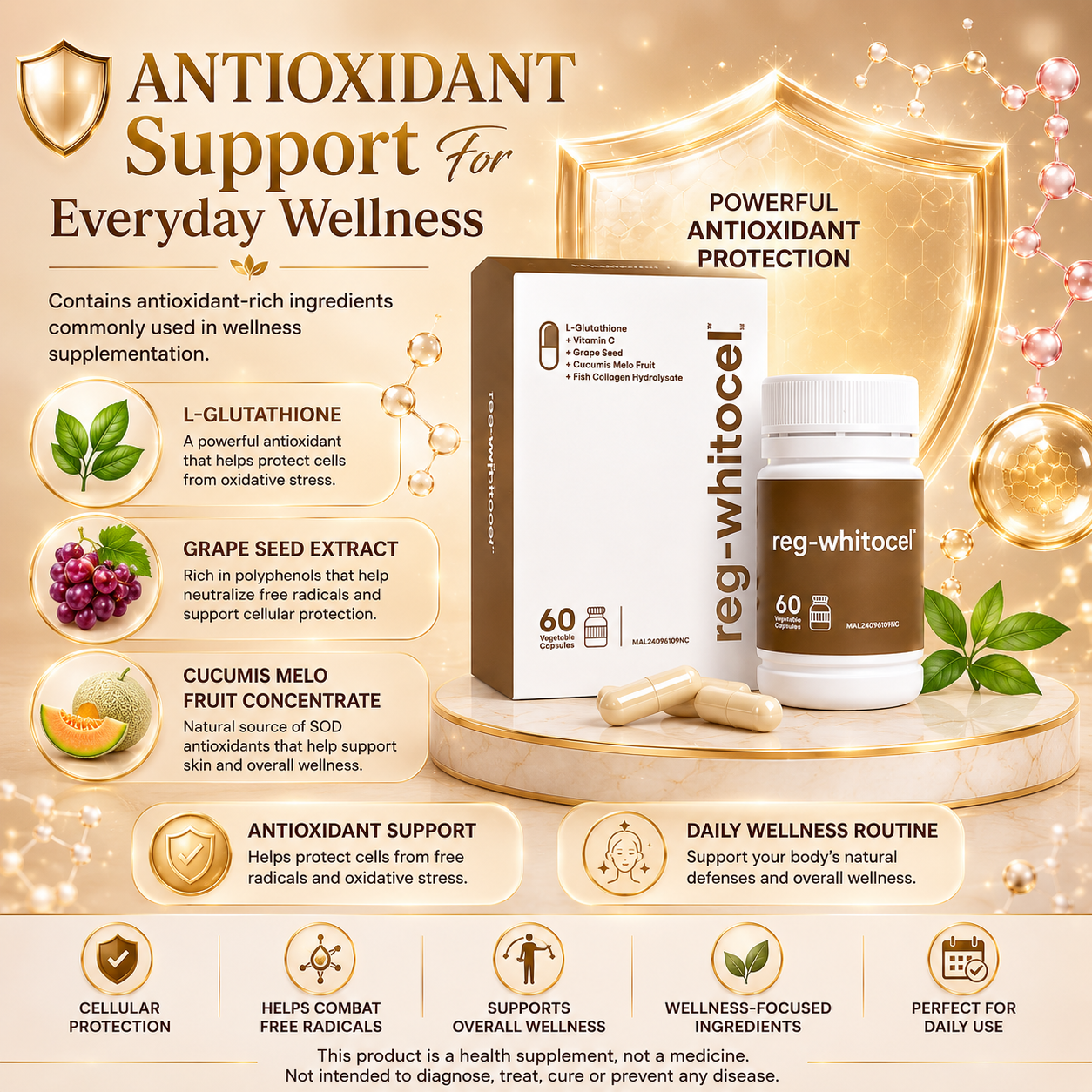 REG-WHITOCEL 60s | L-Glutathione + Collagen + Grape Seed + Vitamin C Antioxidant Supplement