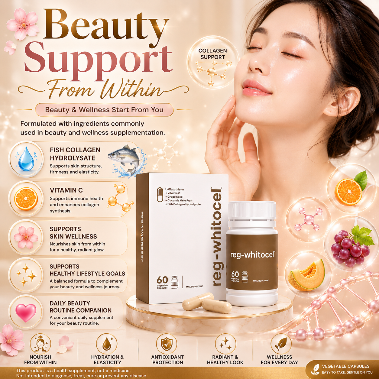 REG-WHITOCEL 60s | L-Glutathione + Collagen + Grape Seed + Vitamin C Antioxidant Supplement