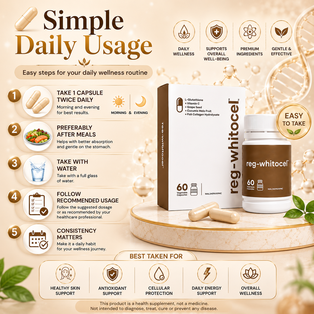 REG-WHITOCEL 60s | L-Glutathione + Collagen + Grape Seed + Vitamin C Antioxidant Supplement
