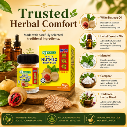 Hurix’s White Nutmeg Balm Plus 10gm | Herbal Balm | Headache, Flatulence & Muscle Relief