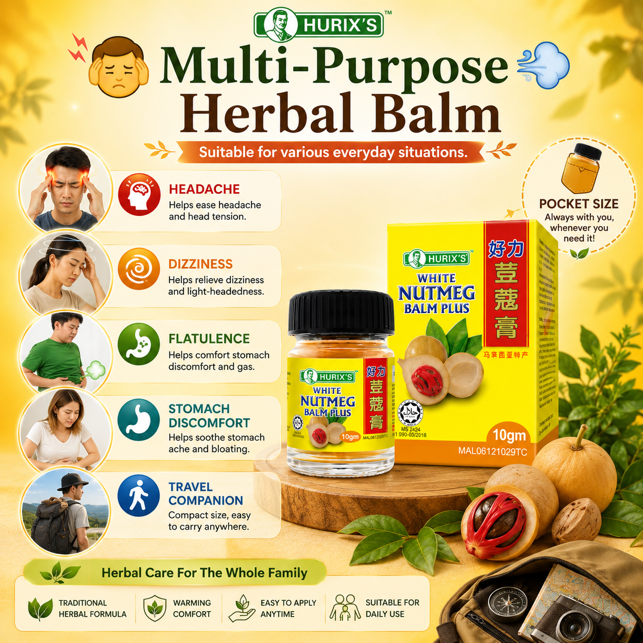 Hurix’s White Nutmeg Balm Plus 10gm | Herbal Balm | Headache, Flatulence & Muscle Relief