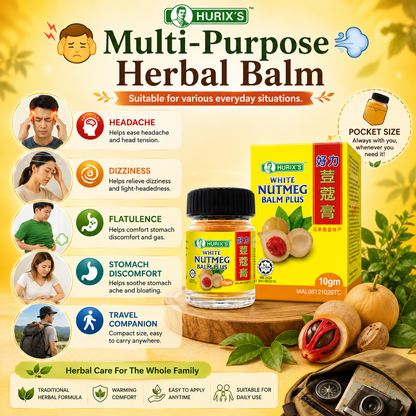 Hurix’s White Nutmeg Balm Plus 10gm | Herbal Balm | Headache, Flatulence & Muscle Relief