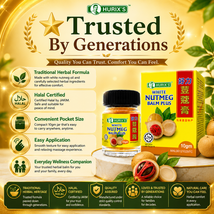Hurix’s White Nutmeg Balm Plus 10gm | Herbal Balm | Headache, Flatulence & Muscle Relief