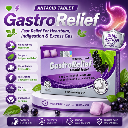 GastroRelief Blackcurrant Antacid Tablet 16 Chewables | Heartburn Relief | Indigestion Support | Excess Gas Comfort | Acid Reflux Support