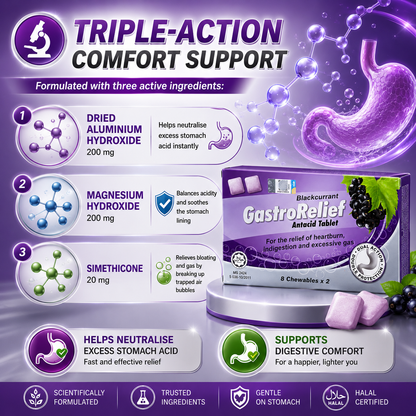 GastroRelief Blackcurrant Antacid Tablet 16 Chewables | Heartburn Relief | Indigestion Support | Excess Gas Comfort | Acid Reflux Support