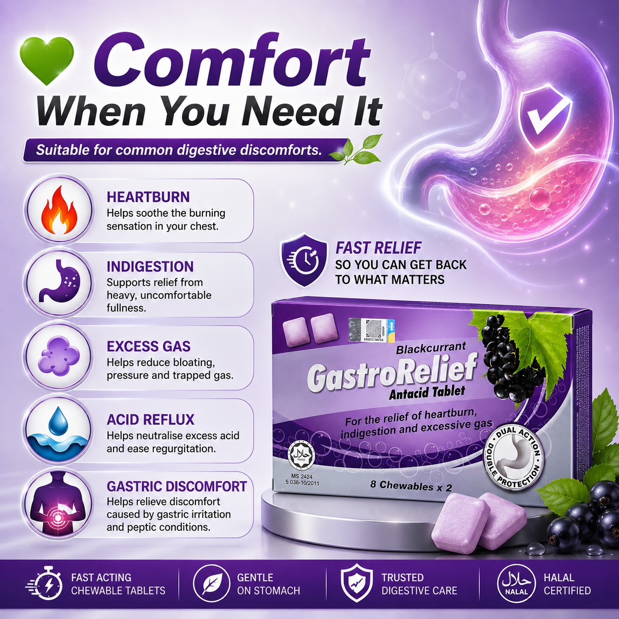 GastroRelief Blackcurrant Antacid Tablet 16 Chewables | Heartburn Relief | Indigestion Support | Excess Gas Comfort | Acid Reflux Support