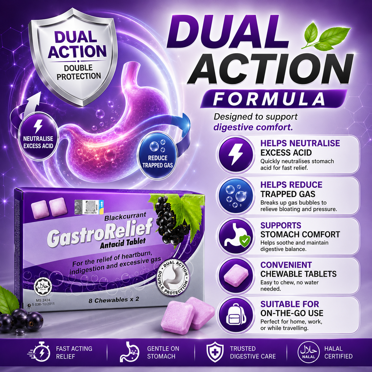 GastroRelief Blackcurrant Antacid Tablet 16 Chewables | Heartburn Relief | Indigestion Support | Excess Gas Comfort | Acid Reflux Support