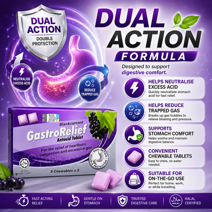 GastroRelief Blackcurrant Antacid Tablet 16 Chewables | Heartburn Relief | Indigestion Support | Excess Gas Comfort | Acid Reflux Support