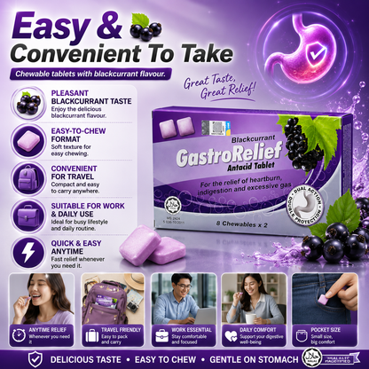 GastroRelief Blackcurrant Antacid Tablet 16 Chewables | Heartburn Relief | Indigestion Support | Excess Gas Comfort | Acid Reflux Support