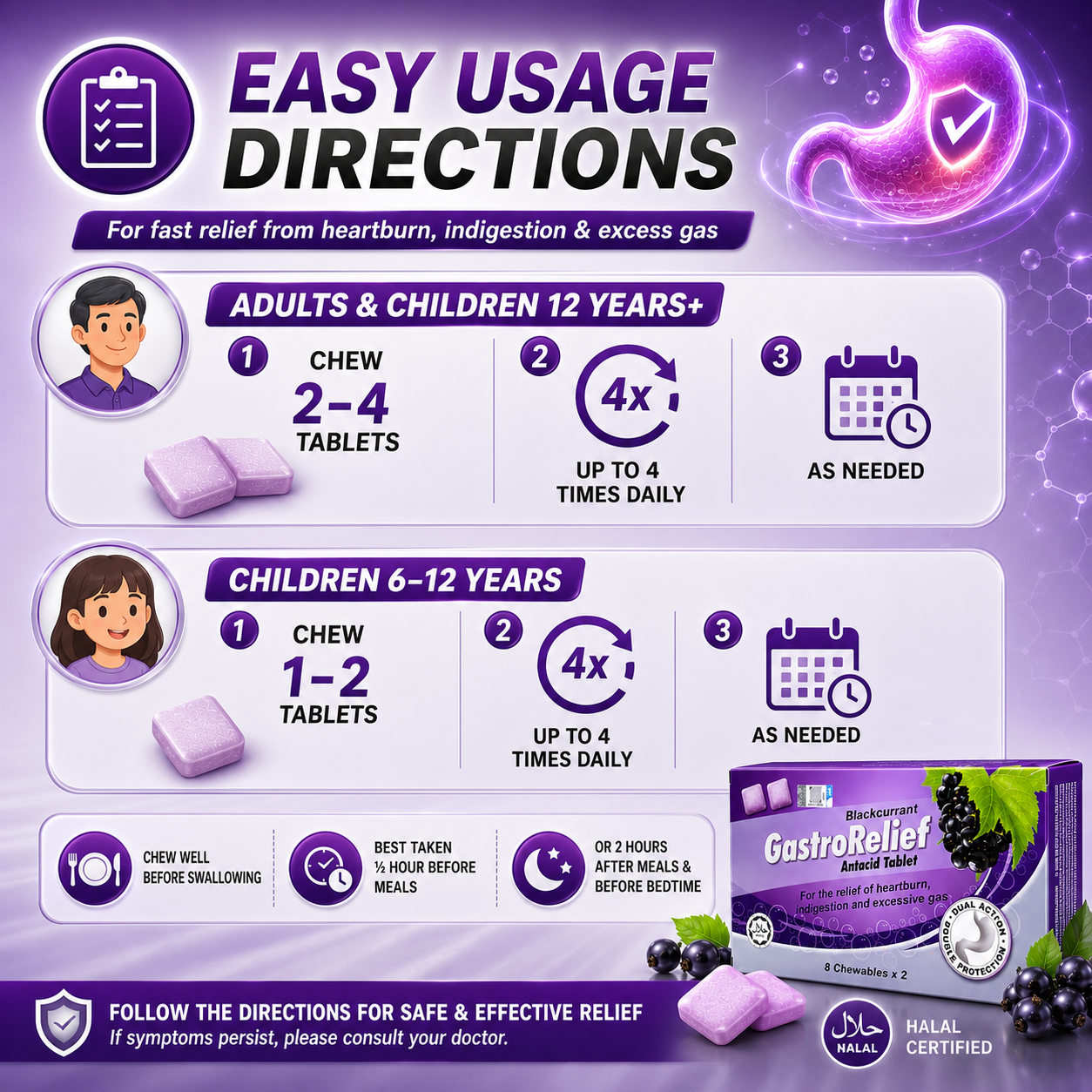 GastroRelief Blackcurrant Antacid Tablet 16 Chewables | Heartburn Relief | Indigestion Support | Excess Gas Comfort | Acid Reflux Support