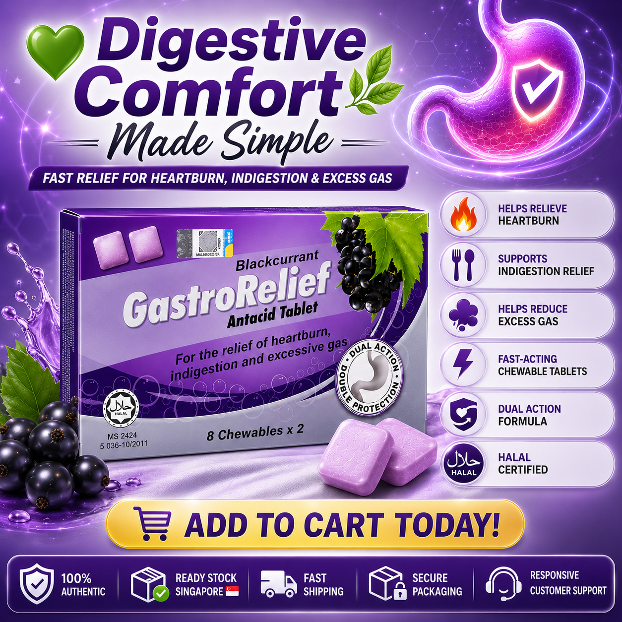GastroRelief Blackcurrant Antacid Tablet 16 Chewables | Heartburn Relief | Indigestion Support | Excess Gas Comfort | Acid Reflux Support
