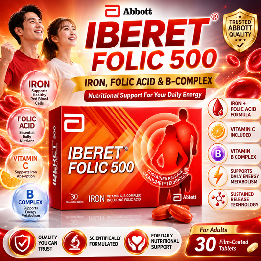 Abbott Iberet Folic 500 Iron + Folic Acid + Vitamin C + B Complex 30 Tablets | Sustained Release Iron Supplement | Energy & Nutritional Support