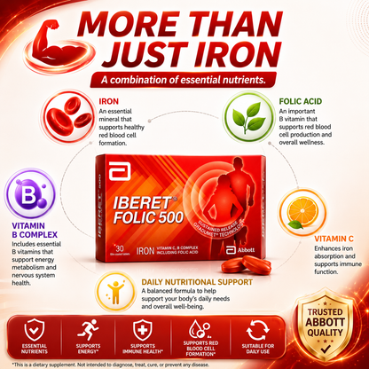 Abbott Iberet Folic 500 Iron + Folic Acid + Vitamin C + B Complex 30 Tablets | Sustained Release Iron Supplement | Energy & Nutritional Support