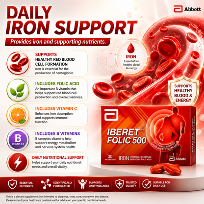 Abbott Iberet Folic 500 Iron + Folic Acid + Vitamin C + B Complex 30 Tablets | Sustained Release Iron Supplement | Energy & Nutritional Support