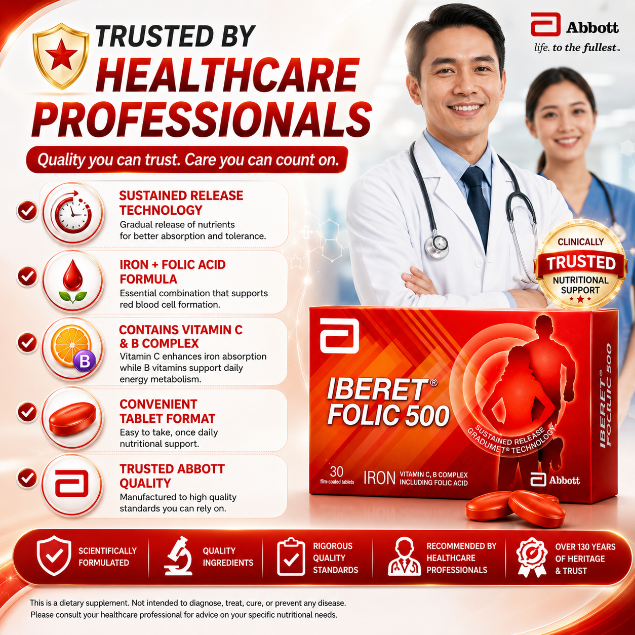 Abbott Iberet Folic 500 Iron + Folic Acid + Vitamin C + B Complex 30 Tablets | Sustained Release Iron Supplement | Energy & Nutritional Support