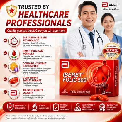 Abbott Iberet Folic 500 Iron + Folic Acid + Vitamin C + B Complex 30 Tablets | Sustained Release Iron Supplement | Energy & Nutritional Support