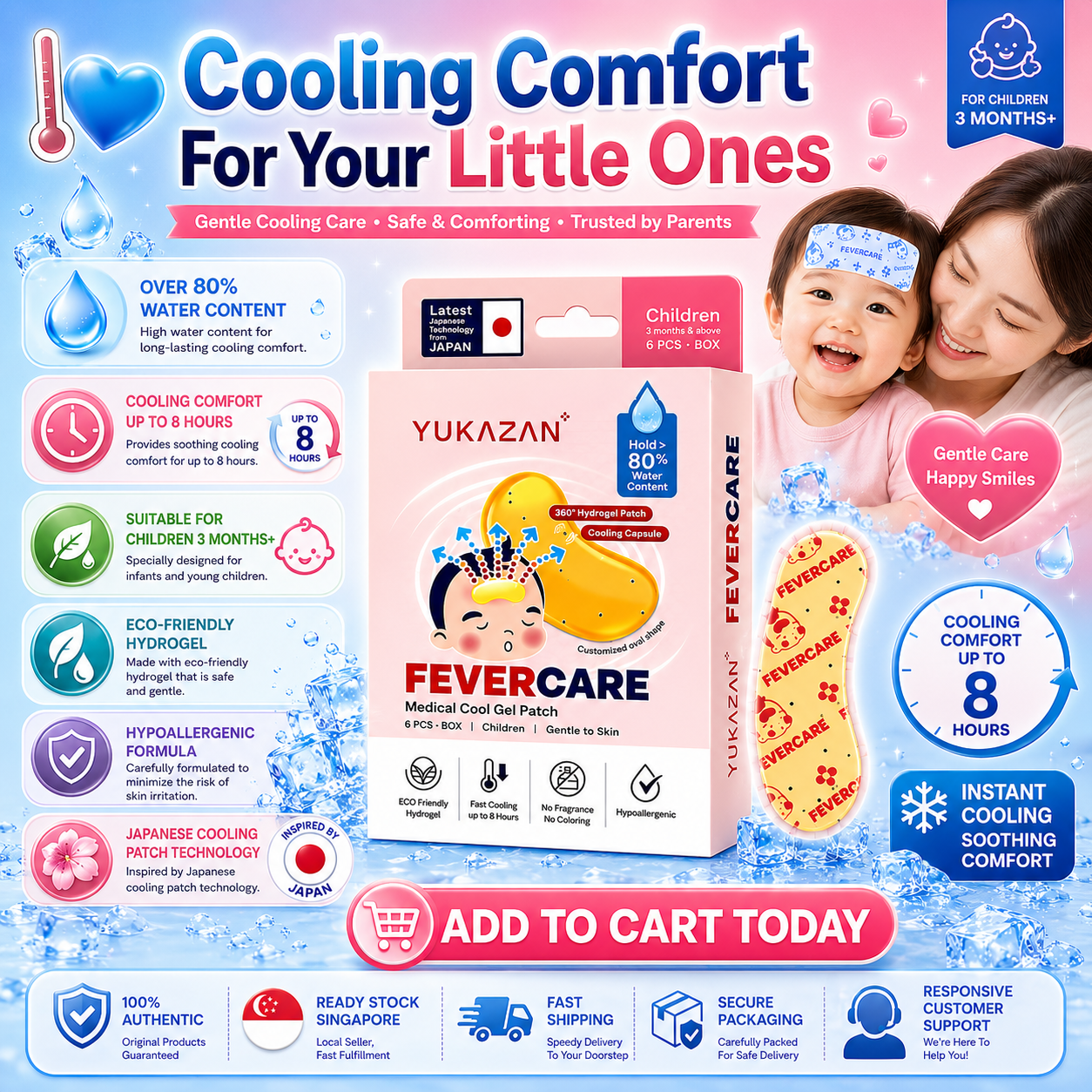 Yukazan Kids FeverCare Cool Gel Patch (6's) – Relieve Fever Fast, Gentle to Skin