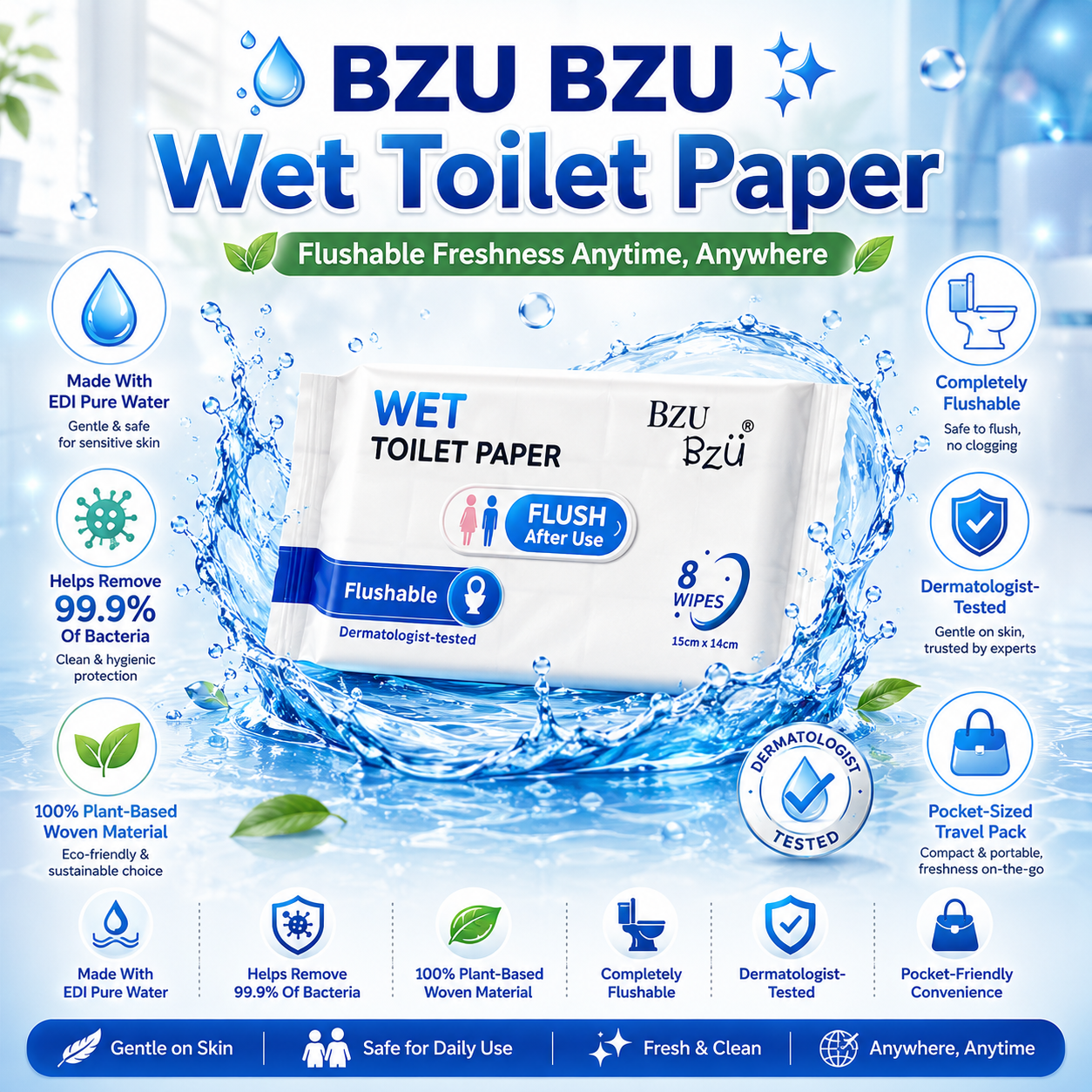 BZU BZU Wet Toilet Paper 8s – Flushable, Antibacterial, Gentle on Skin