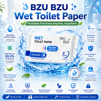 BZU BZU Wet Toilet Paper 8s – Flushable, Antibacterial, Gentle on Skin