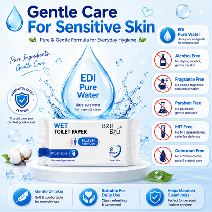 BZU BZU Wet Toilet Paper 8s – Flushable, Antibacterial, Gentle on Skin
