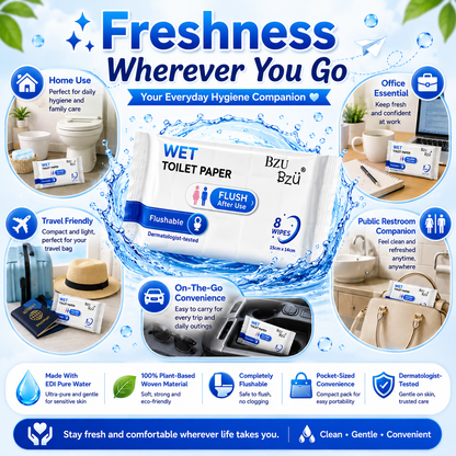 BZU BZU Wet Toilet Paper 8s – Flushable, Antibacterial, Gentle on Skin