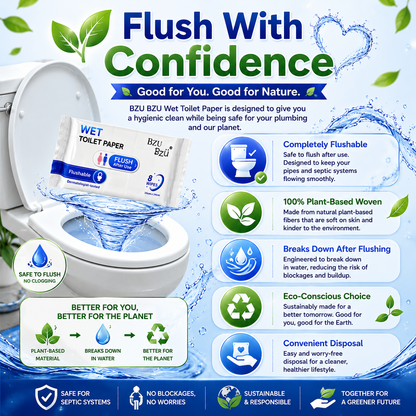BZU BZU Wet Toilet Paper 8s – Flushable, Antibacterial, Gentle on Skin