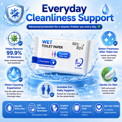 BZU BZU Wet Toilet Paper 8s – Flushable, Antibacterial, Gentle on Skin