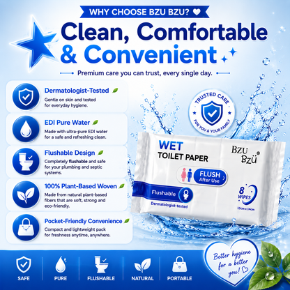 BZU BZU Wet Toilet Paper 8s – Flushable, Antibacterial, Gentle on Skin