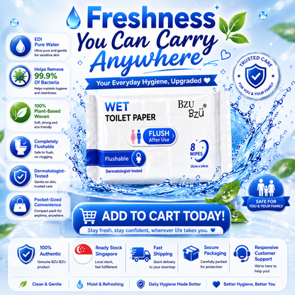BZU BZU Wet Toilet Paper 8s – Flushable, Antibacterial, Gentle on Skin