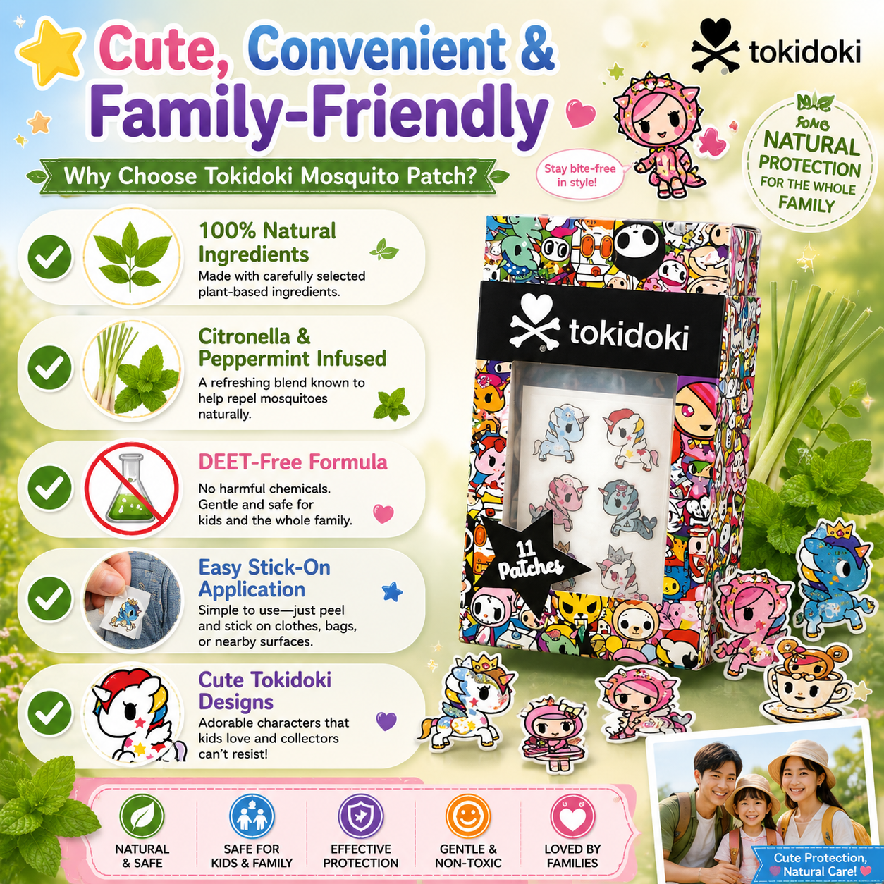 Tokidoki Mosquito Repellent Patch | Natural | DEET-Free Non-Toxic | Kids Safe