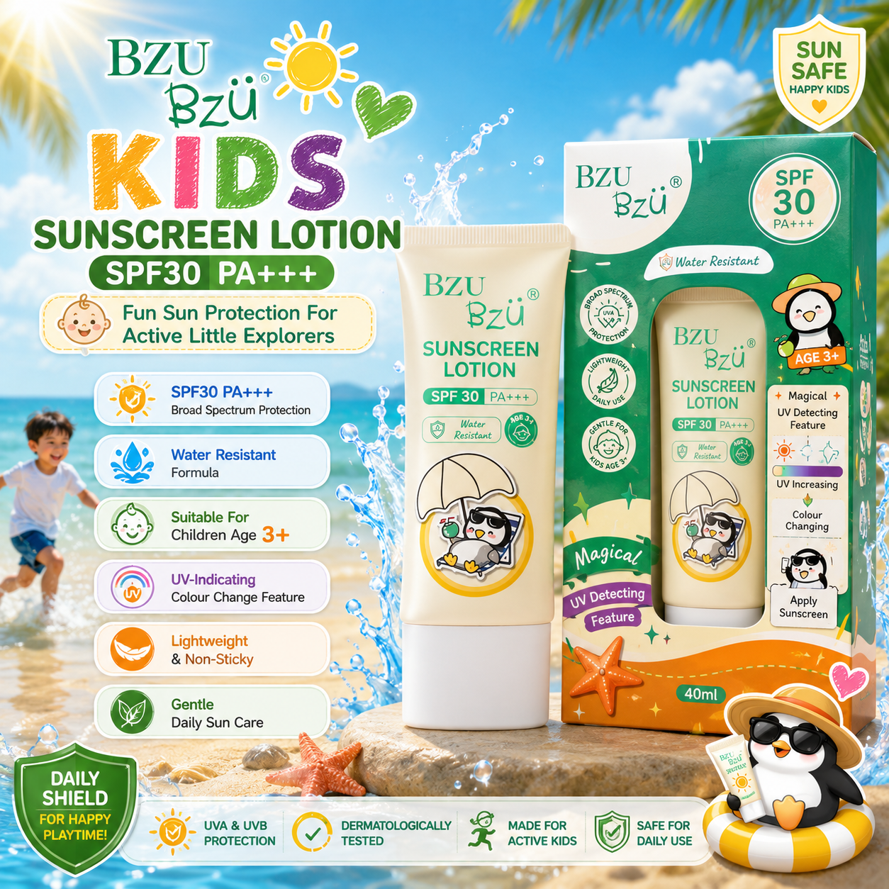BZU BzÜ Kids Sunscreen Lotion SPF30 PA+++ | Water Resistant | Age 3+ | UVA & UVB Protection | 40ml