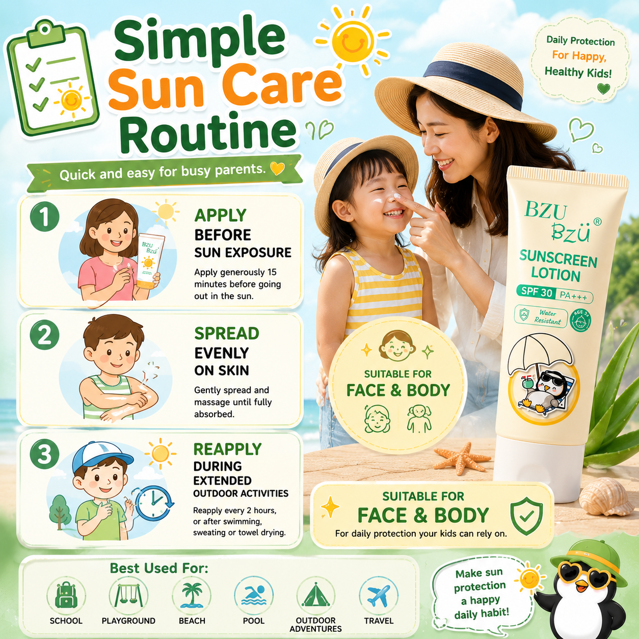 BZU BzÜ Kids Sunscreen Lotion SPF30 PA+++ | Water Resistant | Age 3+ | UVA & UVB Protection | 40ml