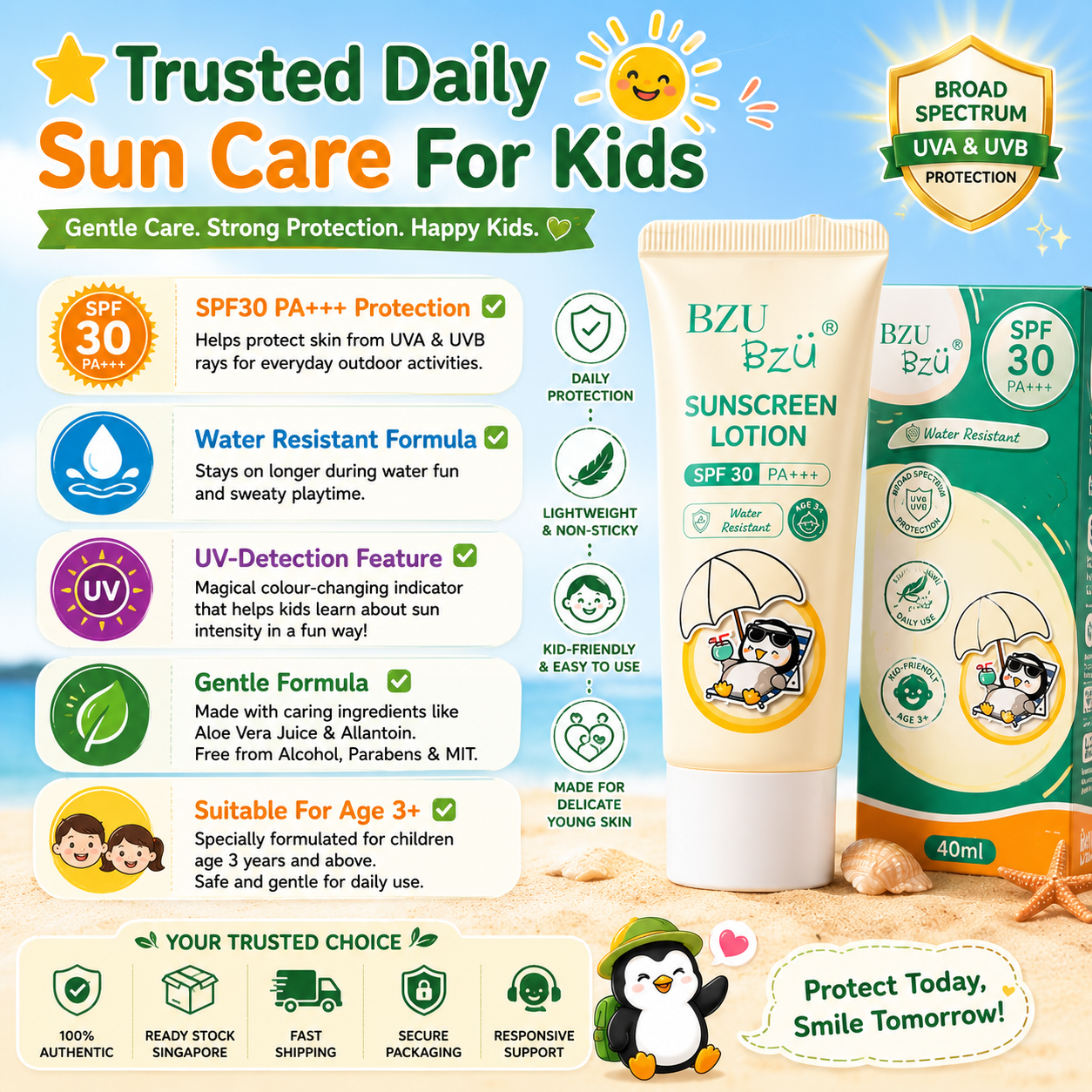 BZU BzÜ Kids Sunscreen Lotion SPF30 PA+++ | Water Resistant | Age 3+ | UVA & UVB Protection | 40ml