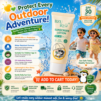 BZU BzÜ Kids Sunscreen Lotion SPF30 PA+++ | Water Resistant | Age 3+ | UVA & UVB Protection | 40ml