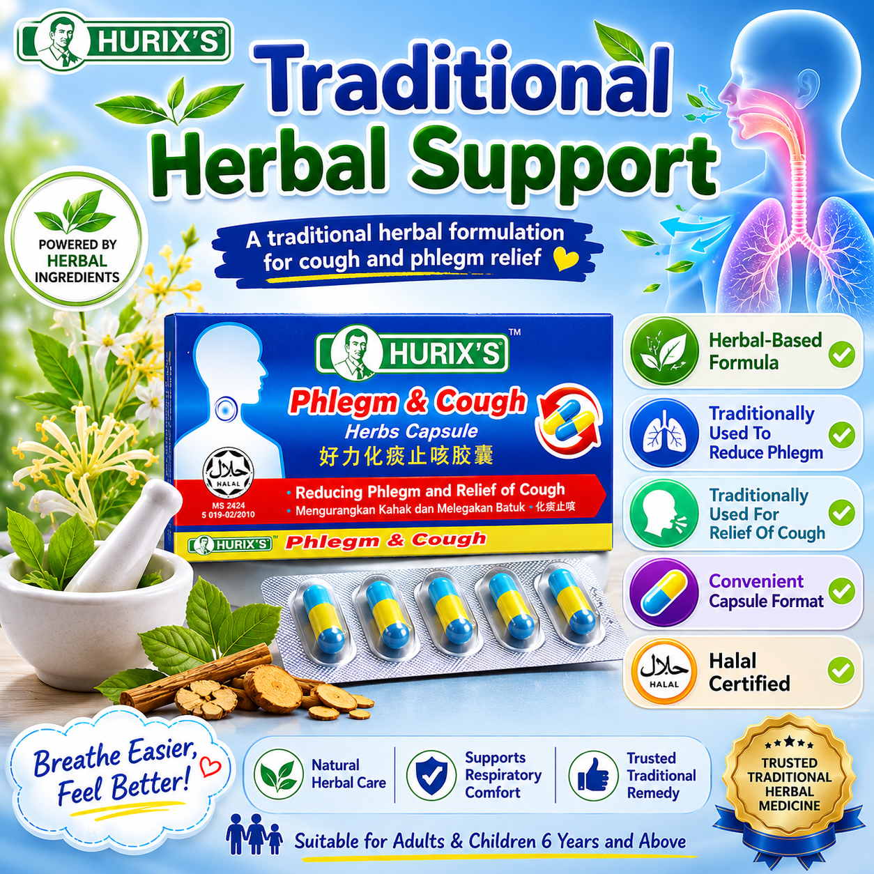 Hurix’s Herbal Capsule for Phlegm & Cough 6s | Fast Relief Natural Remedy