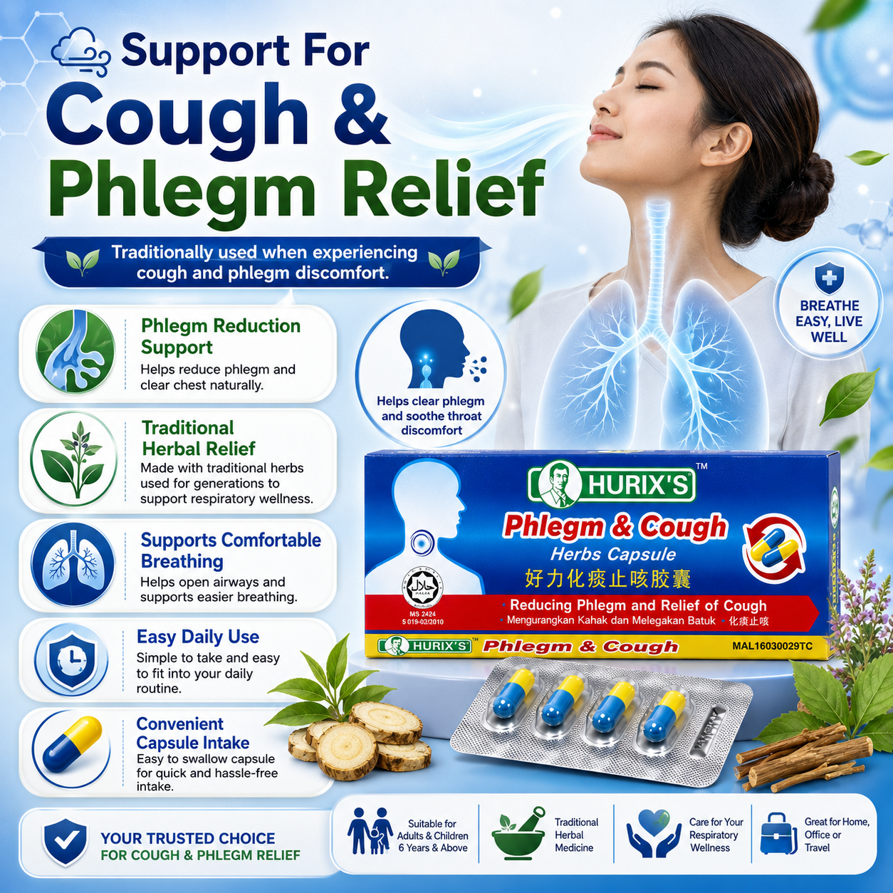 Hurix’s Herbal Capsule for Phlegm & Cough 6s | Fast Relief Natural Remedy