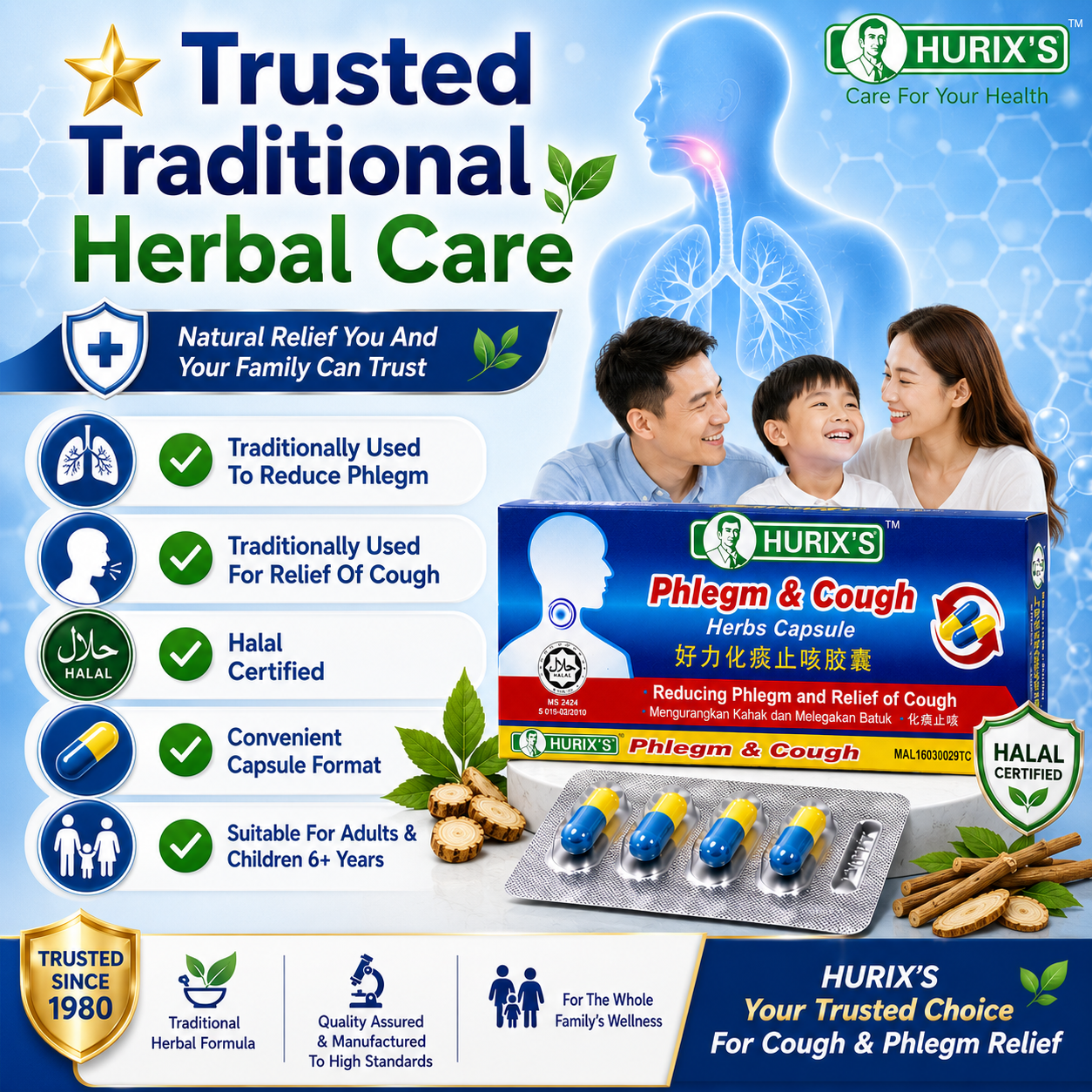 Hurix’s Herbal Capsule for Phlegm & Cough 6s | Fast Relief Natural Remedy
