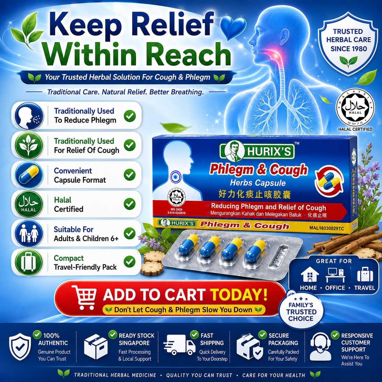 Hurix’s Herbal Capsule for Phlegm & Cough 6s | Fast Relief Natural Remedy
