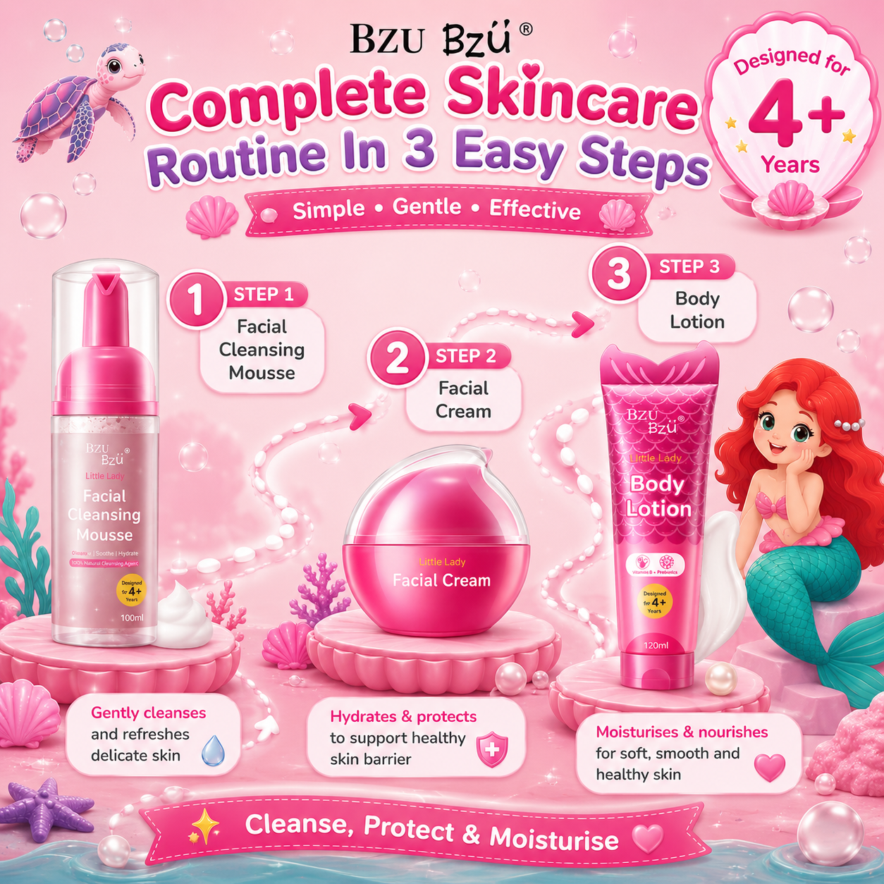 BZU BZU Little Lady Skincare Series | Facial Cleansing Mousse 100ml | Facial Cream 50ml | Body Lotion 120ml | For Girls 4+ Years