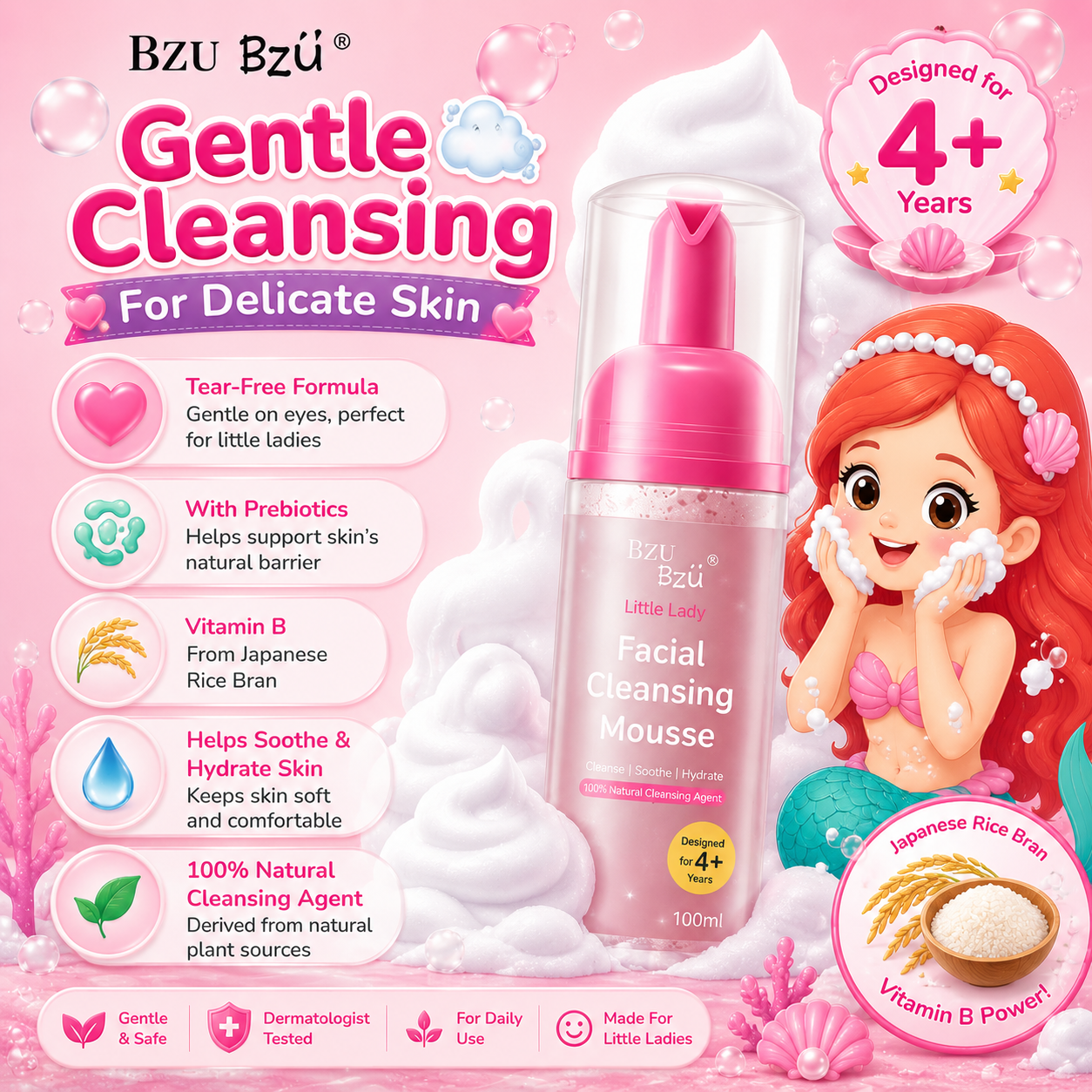 BZU BZU Little Lady Skincare Series | Facial Cleansing Mousse 100ml | Facial Cream 50ml | Body Lotion 120ml | For Girls 4+ Years