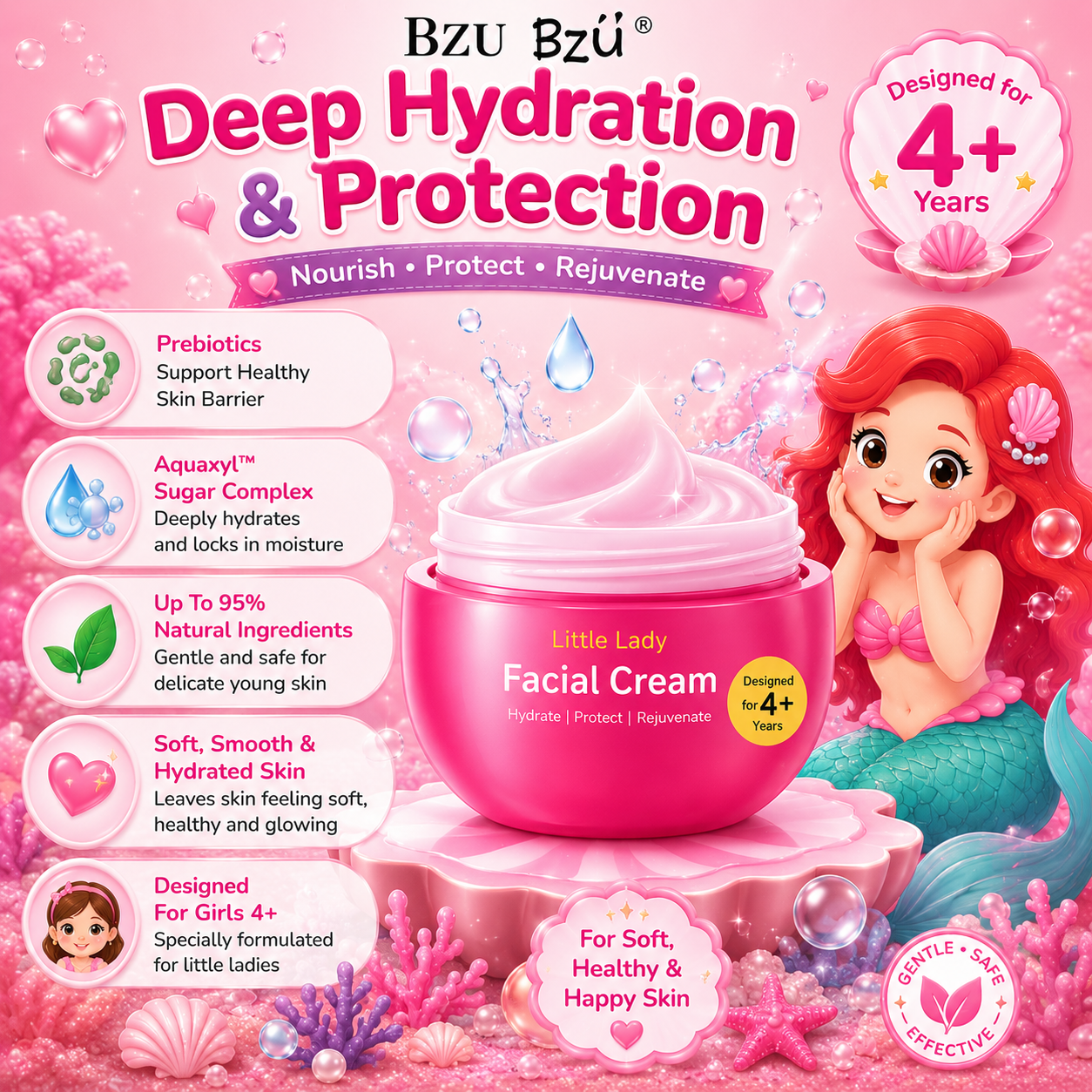 BZU BZU Little Lady Skincare Series | Facial Cleansing Mousse 100ml | Facial Cream 50ml | Body Lotion 120ml | For Girls 4+ Years