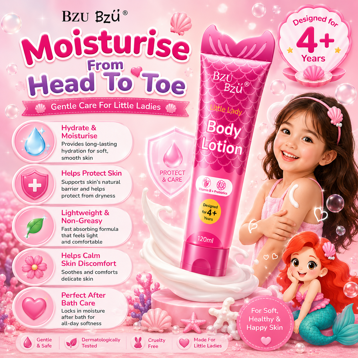BZU BZU Little Lady Skincare Series | Facial Cleansing Mousse 100ml | Facial Cream 50ml | Body Lotion 120ml | For Girls 4+ Years