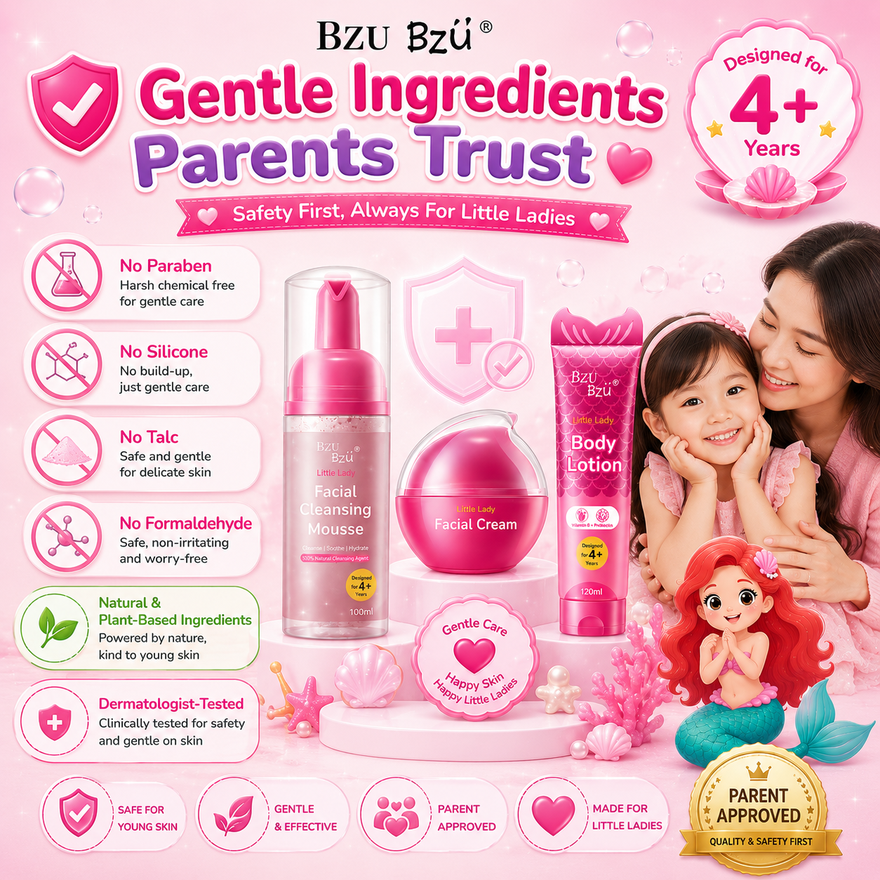 BZU BZU Little Lady Skincare Series | Facial Cleansing Mousse 100ml | Facial Cream 50ml | Body Lotion 120ml | For Girls 4+ Years
