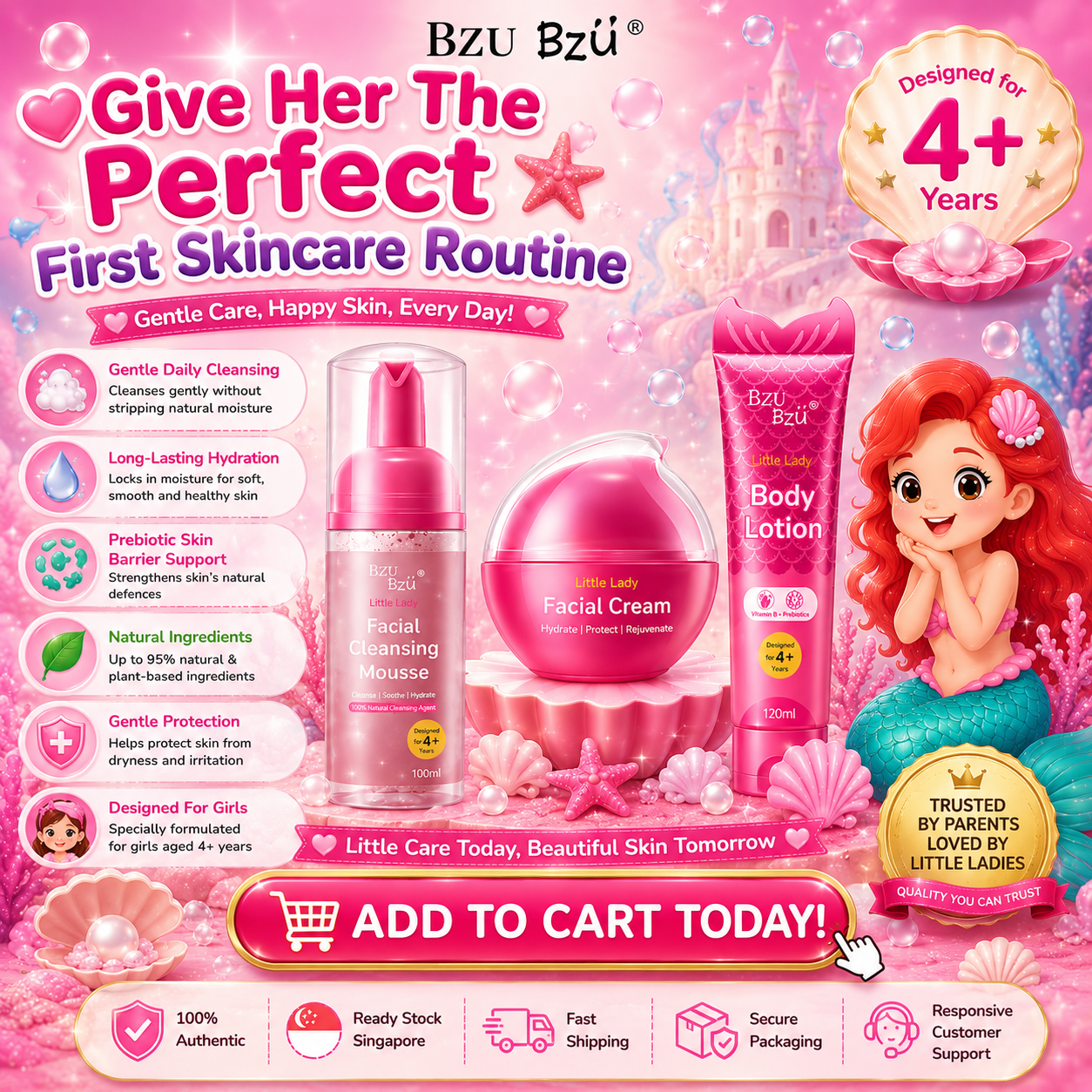 BZU BZU Little Lady Skincare Series | Facial Cleansing Mousse 100ml | Facial Cream 50ml | Body Lotion 120ml | For Girls 4+ Years