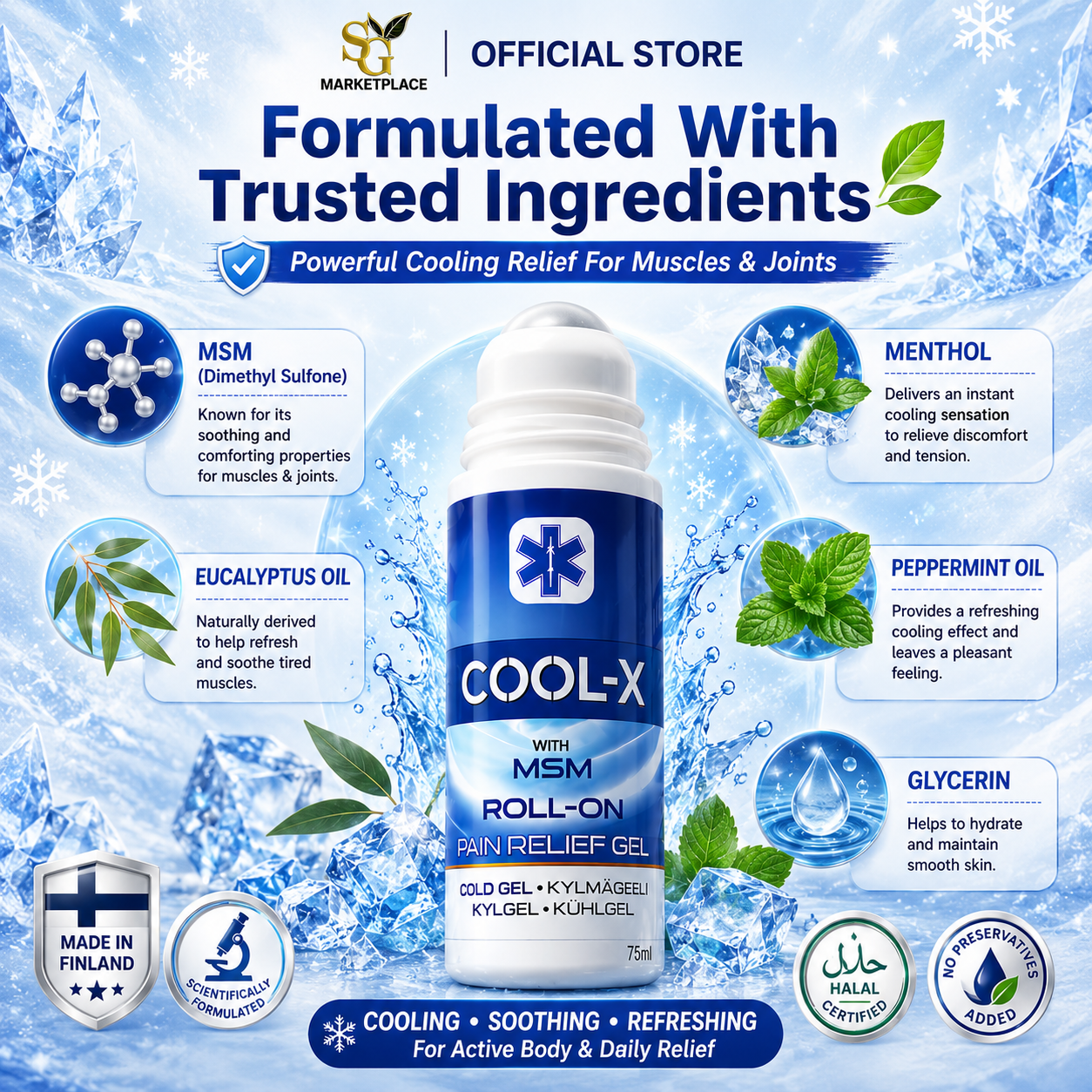 Cool-X Roll-On Pain Relief Gel 75ml | MSM Cold Gel for Joint & Muscle Relief