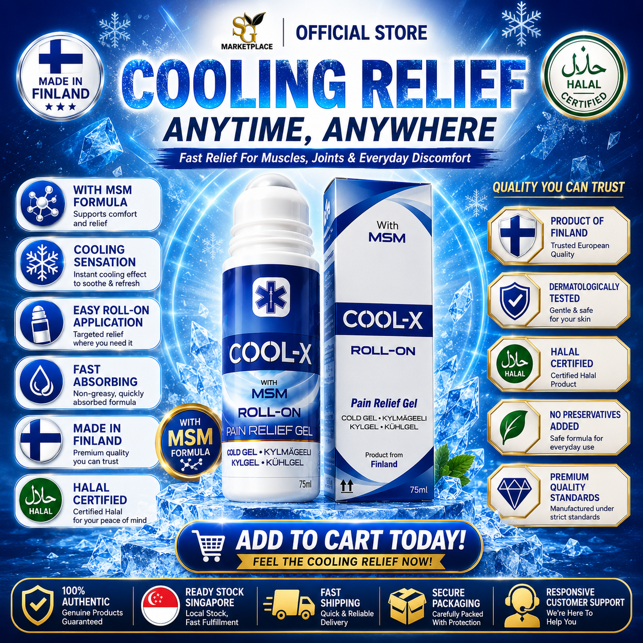Cool-X Roll-On Pain Relief Gel 75ml | MSM Cold Gel for Joint & Muscle Relief