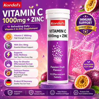 Kordel’s Vitamin C 1000mg + Zinc Effervescent Passion Fruit 10s